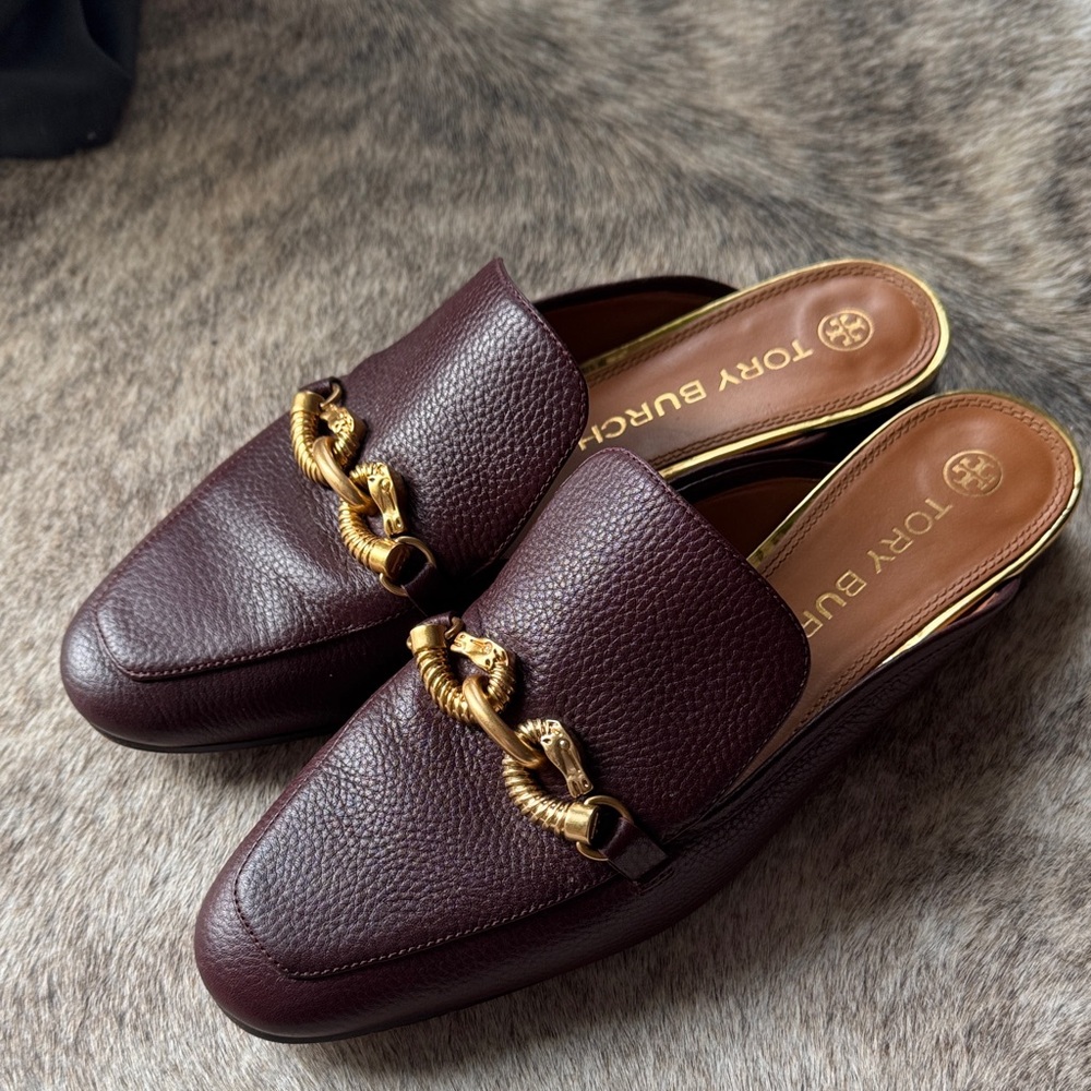 Tory Burch Deep Burgundy Mules with Gold Detailing